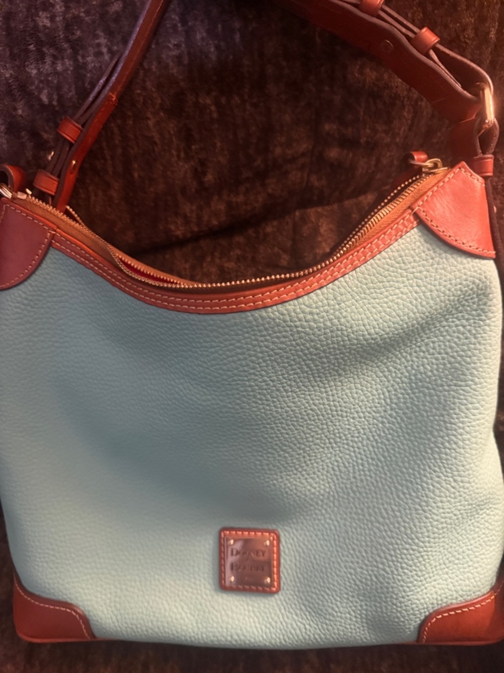 Dooney & Bourke Pebble Leather Hobo in Light Blue with Brown Trim
